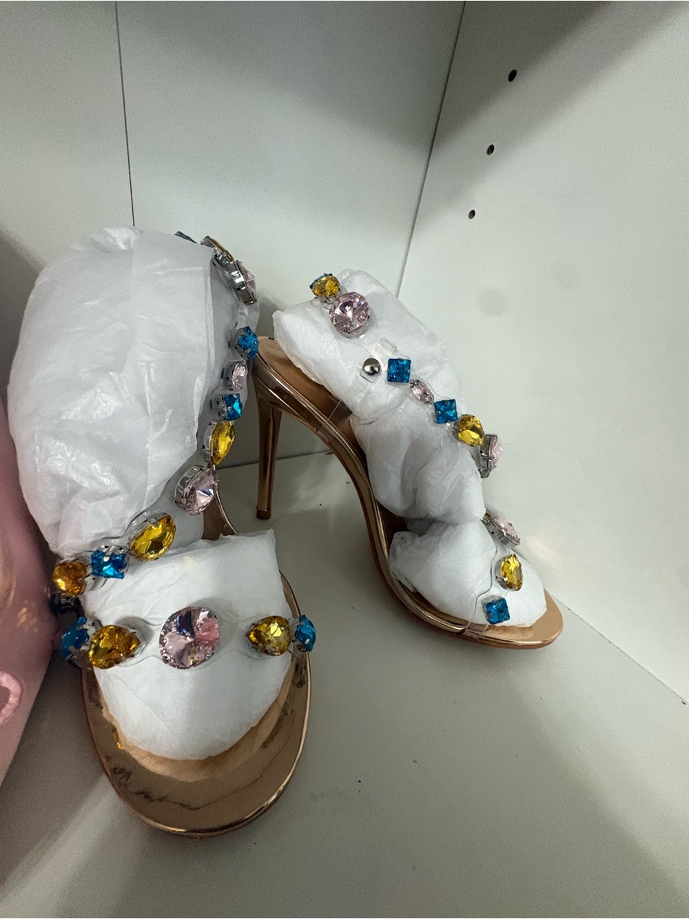 Embellished Gold Women’s High-Heel Sandals with Multicolor Gems